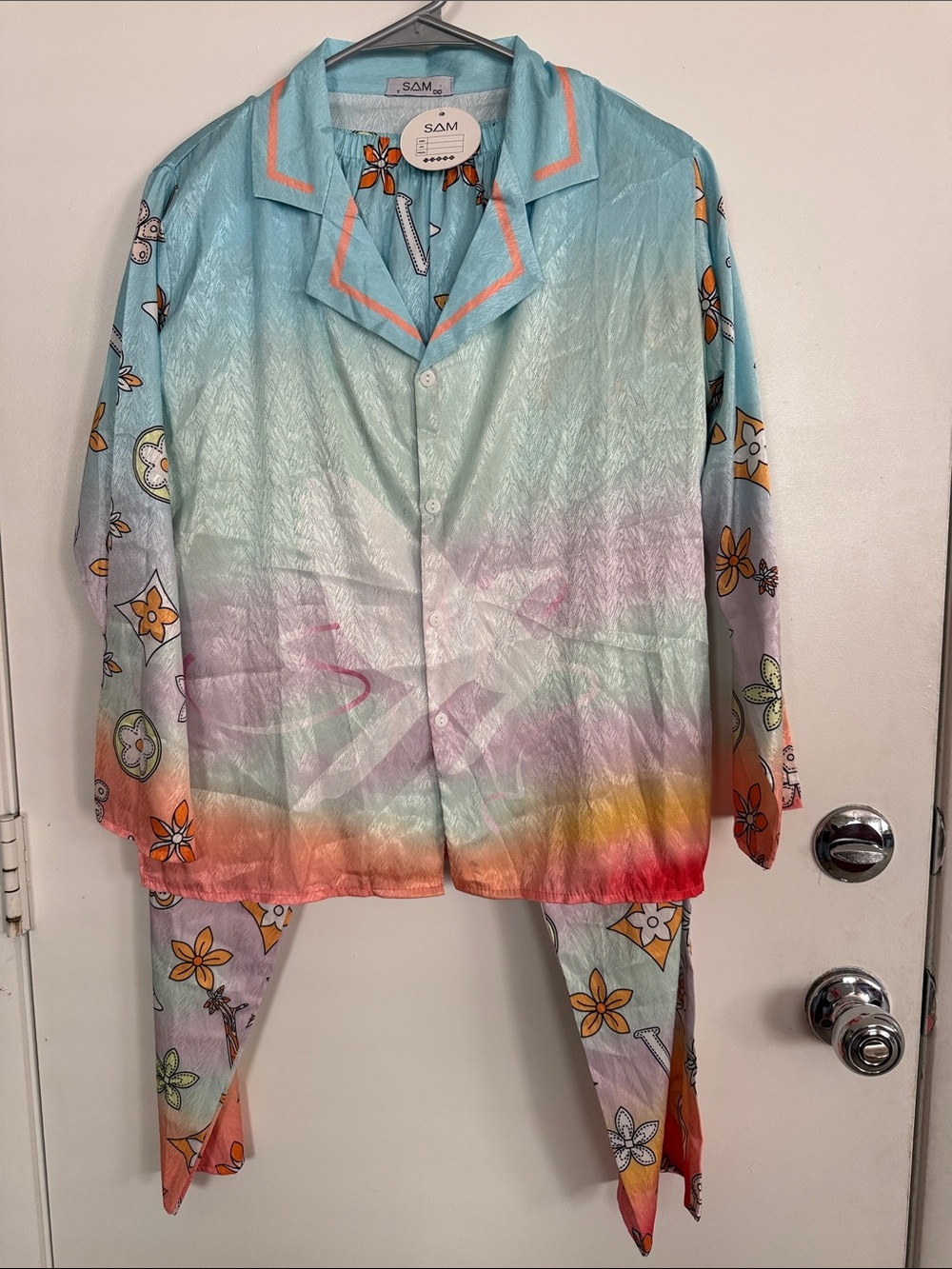 SAM. Womens Pajama Set - Pastel Gradient with Orange Floral Trim like Ombré